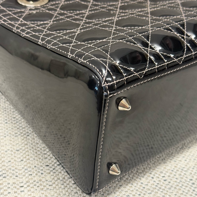 DIOR迪奧 Lady Dior 五格戴妃包銀扣藤格紋 漆皮小牛皮 單肩斜挎手提包 中號 女款 黑色-9