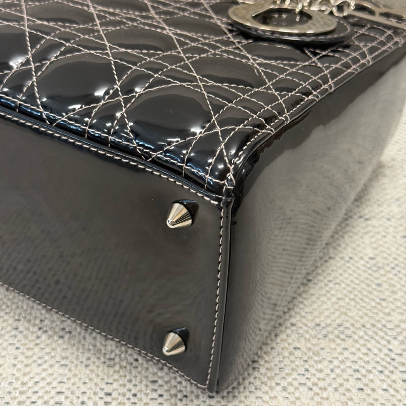 DIOR迪奧 Lady Dior 五格戴妃包銀扣藤格紋 漆皮小牛皮 單肩斜挎手提包 中號 女款 黑色-10