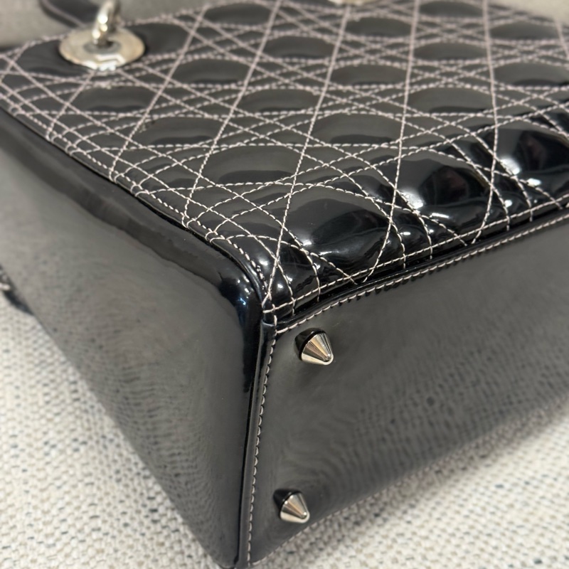 DIOR迪奧 Lady Dior 五格戴妃包銀扣藤格紋 漆皮小牛皮 單肩斜挎手提包 中號 女款 黑色-11