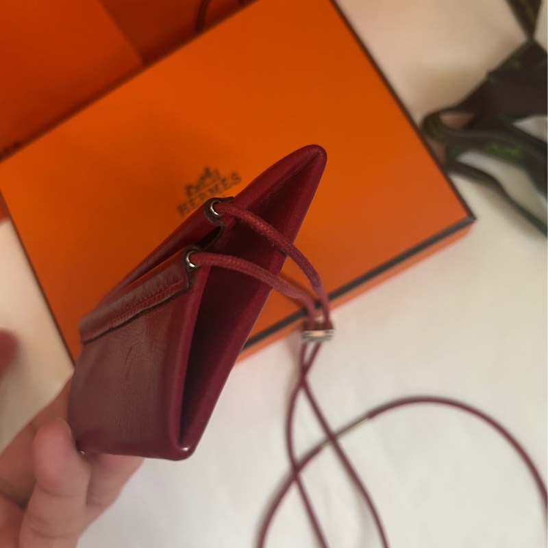 Hermes(貝萊爾 波爾多紅皮革零錢包）掛式項鍊 👩🏻‍🦰中古稀有款*刻印□E*；分享價！-2