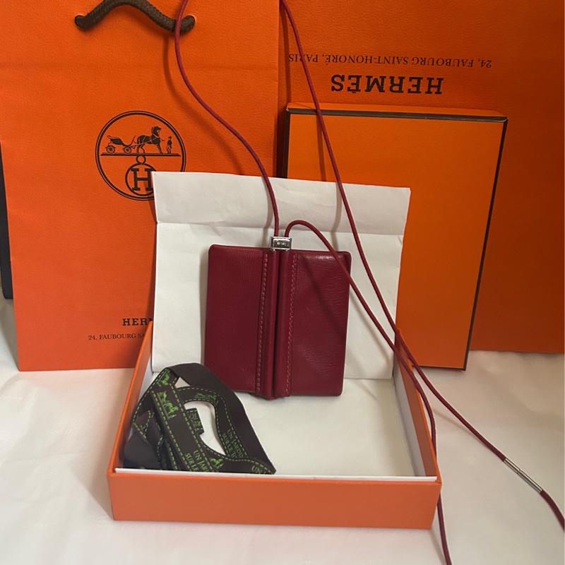 Hermes(貝萊爾 波爾多紅皮革零錢包）掛式項鍊 👩🏻‍🦰中古稀有款*刻印□E*；分享價！-15