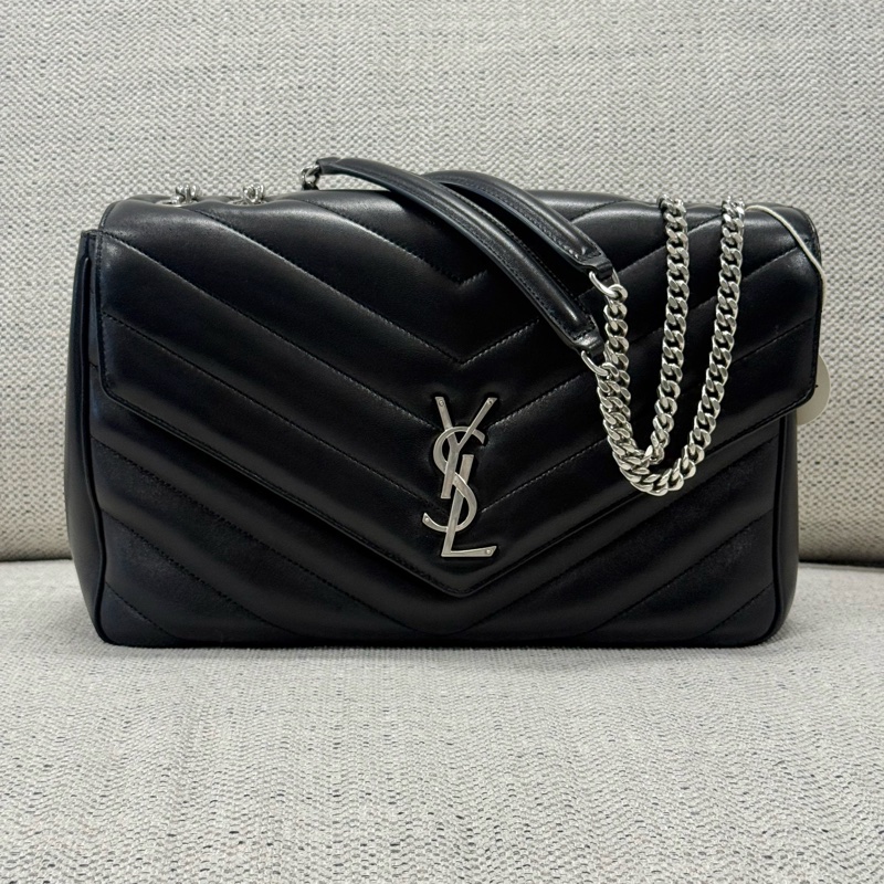 SAINT LAURENT聖羅蘭 LOULOU 絎縫字母Logo標識 小羊皮 單肩包 大號 女款 黑色-0