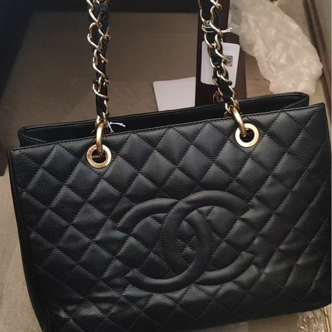 「JL精品代購」9新 香奈兒GST黑金荔枝牛皮托特包