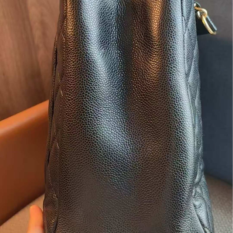 「JL精品代購」9新 香奈兒GST黑金荔枝牛皮托特包-9