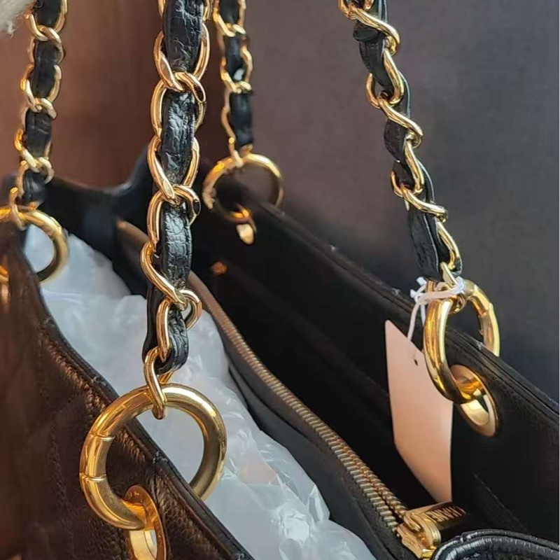 「JL精品代購」9新 香奈兒GST黑金荔枝牛皮托特包-14