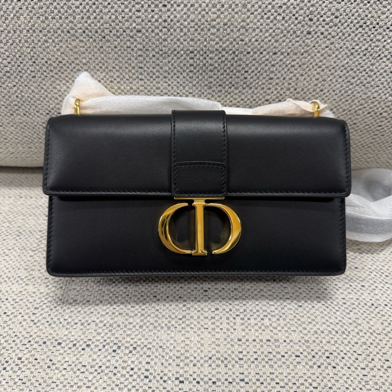 DIOR迪奧 30 Montaigne 可調節可拆卸鏈條翻蓋開合 牛皮革 斜挎包 小號 女款 黑色-0