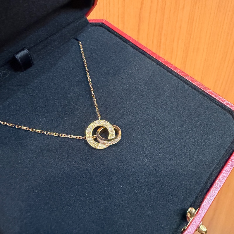 Cartier 750玫瑰金Love滿鑽雙環項鍊B7224528-0