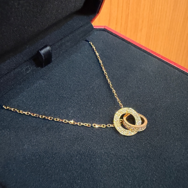Cartier 750玫瑰金Love滿鑽雙環項鍊B7224528-2