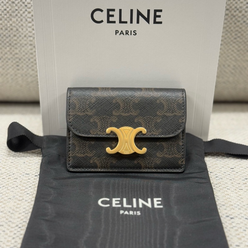 CELINE賽琳 Triomphe 凱旋門金屬大鎖扣老花滿印 合成革 零錢包卡包 女款 棕色-0