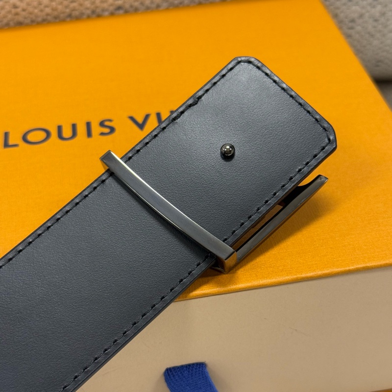 LOUIS VUITTON 標誌字母壓花平滑扣 Pyramide 牛皮金屬帆布 皮帶 男款 黑色 寬4cm-4