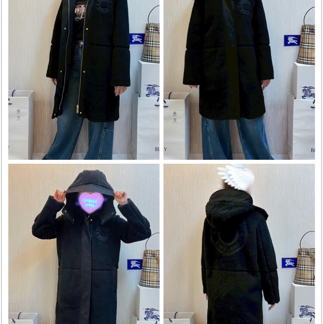 BURBERRY英國黑色徽標絨頭連帽大衣UK6-2