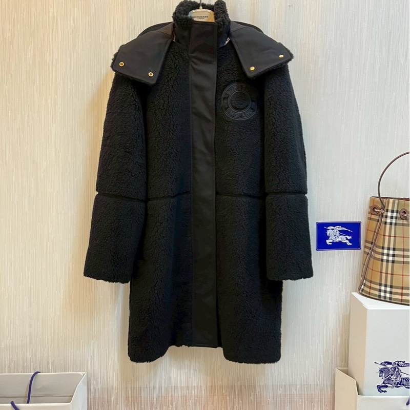 BURBERRY英國黑色徽標絨頭連帽大衣UK6-3