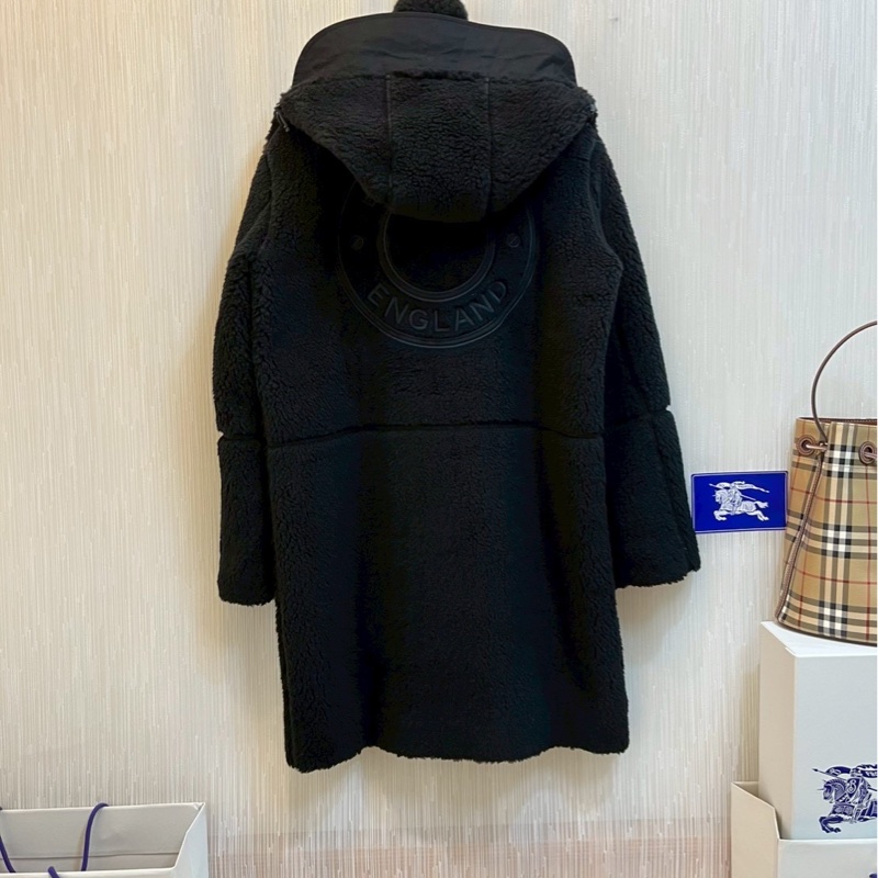 BURBERRY英國黑色徽標絨頭連帽大衣UK6-4