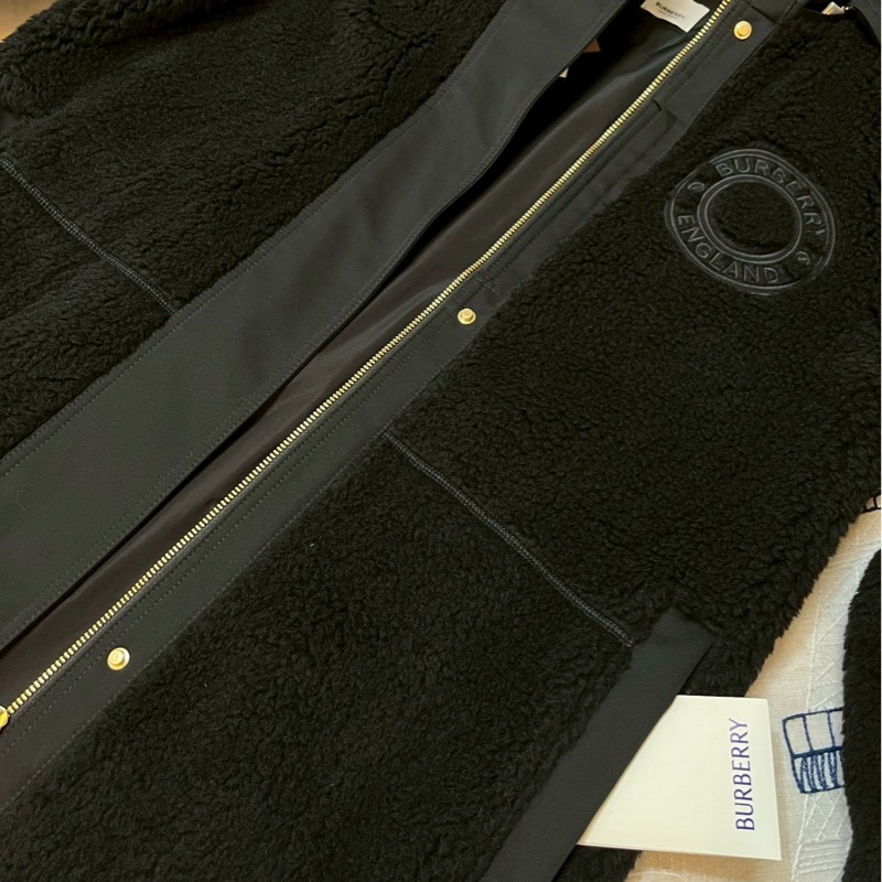 BURBERRY英國黑色徽標絨頭連帽大衣UK6-7