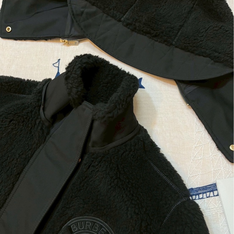 BURBERRY英國黑色徽標絨頭連帽大衣UK6-9