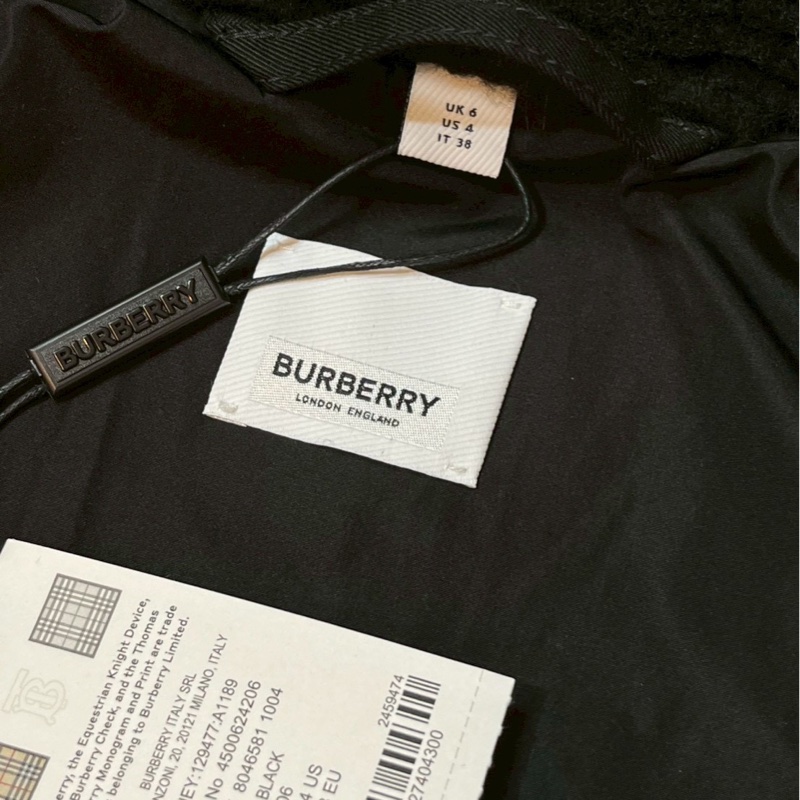 BURBERRY英國黑色徽標絨頭連帽大衣UK6-12
