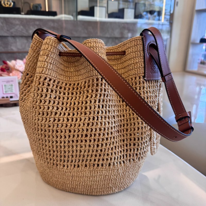 *SHIHNA名牌精品*LOEWE Balloon酒椰纖維拼小牛皮荷葉邊索繩水桶包-2