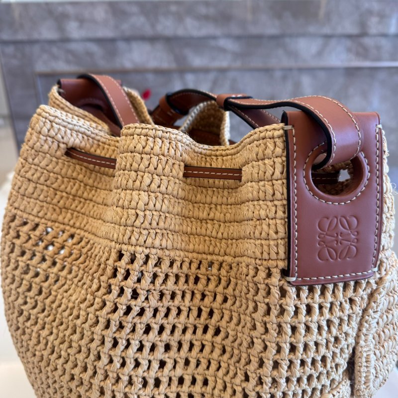 *SHIHNA名牌精品*LOEWE Balloon酒椰纖維拼小牛皮荷葉邊索繩水桶包-3