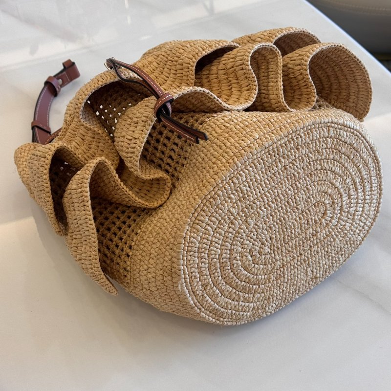 *SHIHNA名牌精品*LOEWE Balloon酒椰纖維拼小牛皮荷葉邊索繩水桶包-4