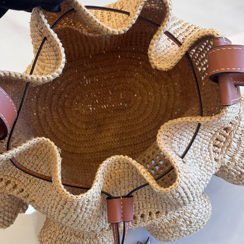 *SHIHNA名牌精品*LOEWE Balloon酒椰纖維拼小牛皮荷葉邊索繩水桶包-5