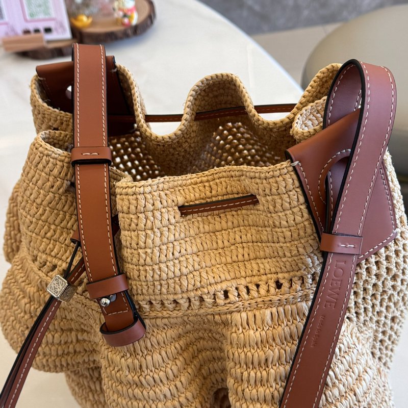 *SHIHNA名牌精品*LOEWE Balloon酒椰纖維拼小牛皮荷葉邊索繩水桶包-6
