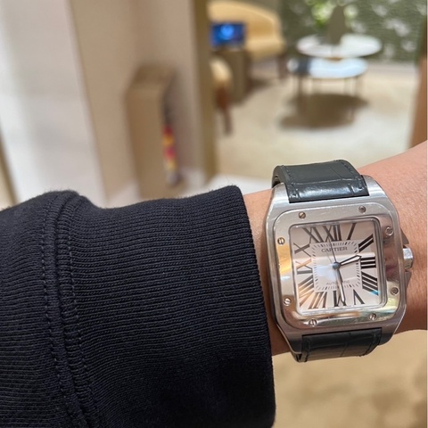 ⌚ Cartier Santos 100 ACIER｜經典方錶 🖤 不鏽鋼款・灰色鱷魚皮錶帶