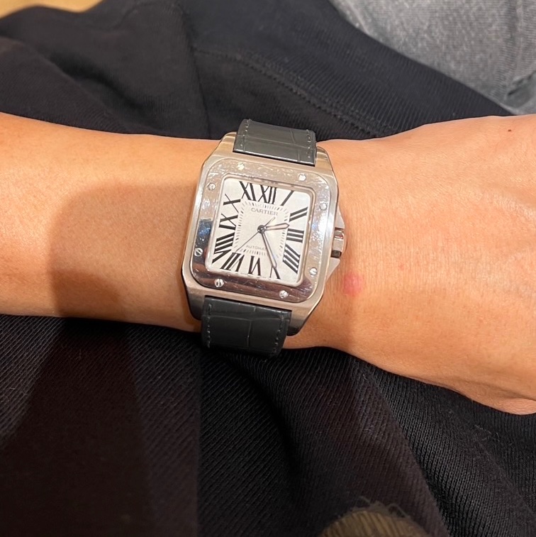 ⌚ Cartier Santos 100 ACIER｜經典方錶 🖤 不鏽鋼款・灰色鱷魚皮錶帶-1