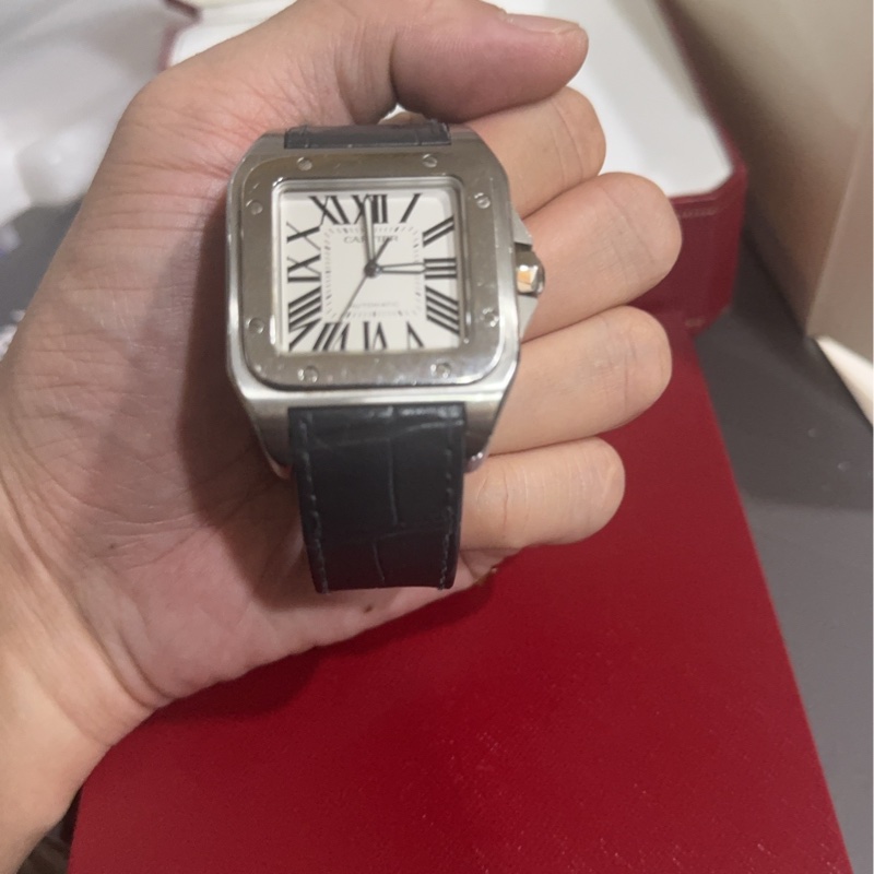 ⌚ Cartier Santos 100 ACIER｜經典方錶 🖤 不鏽鋼款・灰色鱷魚皮錶帶-3