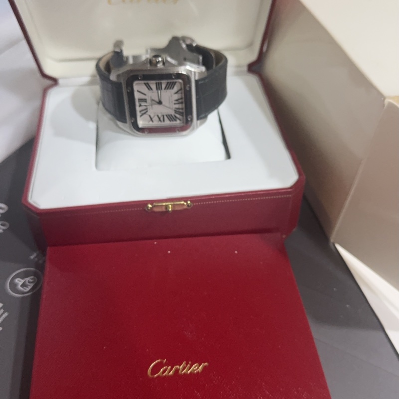 ⌚ Cartier Santos 100 ACIER｜經典方錶 🖤 不鏽鋼款・灰色鱷魚皮錶帶-4