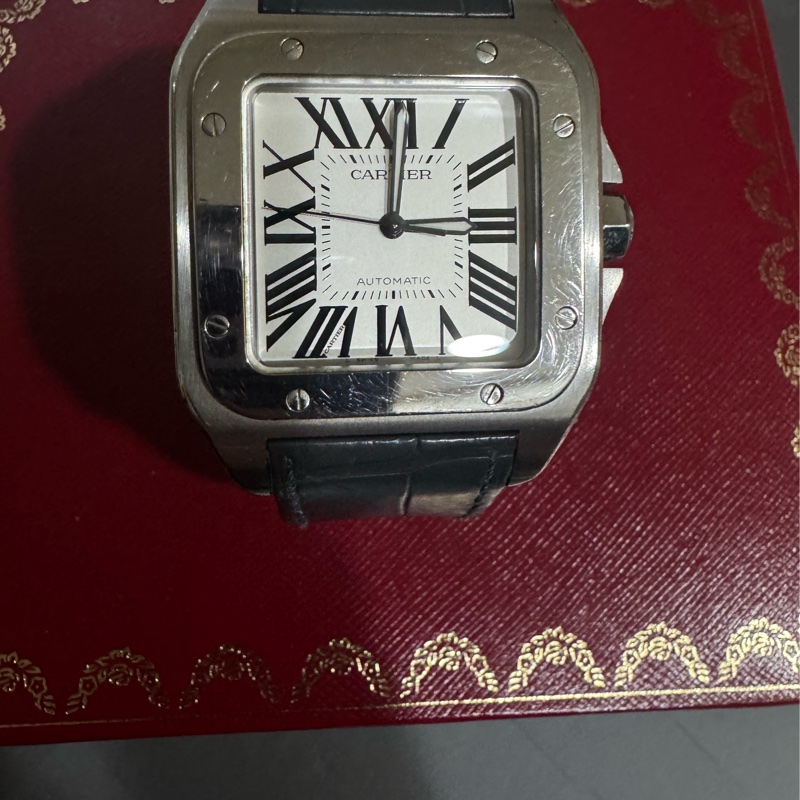 ⌚ Cartier Santos 100 ACIER｜經典方錶 🖤 不鏽鋼款・灰色鱷魚皮錶帶-12