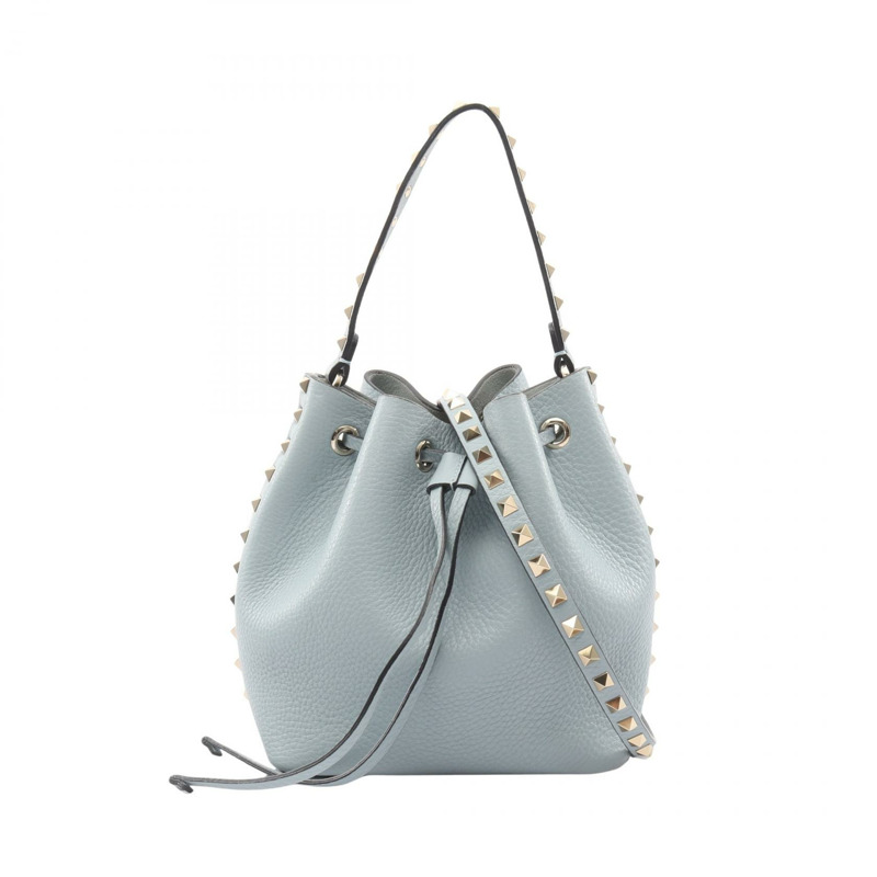 Valentino Garavani 鉚釘抽繩斜背包，藍色二手皮革-0