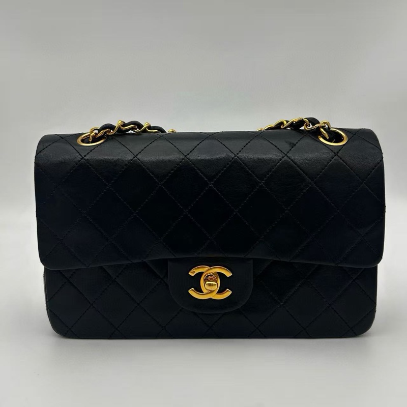 「JL精品代購」 香奈兒中古黑金雙蓋羊皮經典菱格cf23-0
