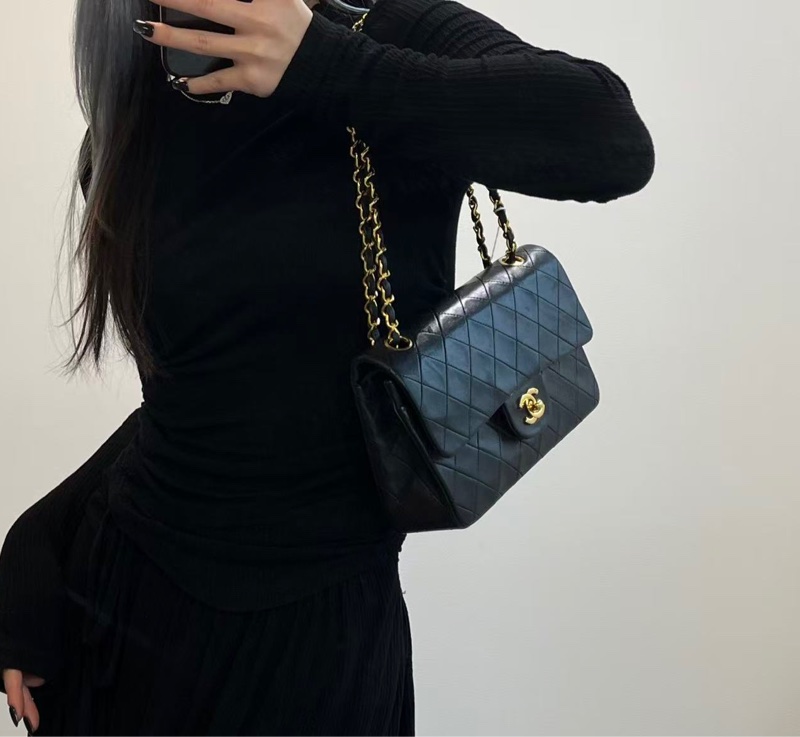 「JL精品代購」 香奈兒中古黑金雙蓋羊皮經典菱格cf23-1