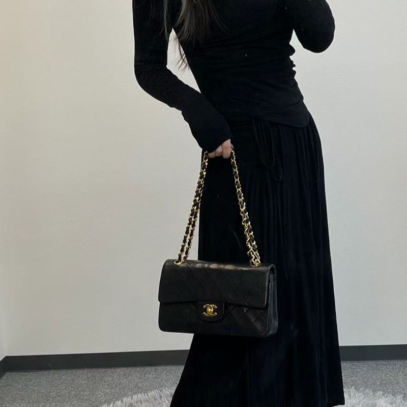 「JL精品代購」 香奈兒中古黑金雙蓋羊皮經典菱格cf23-2