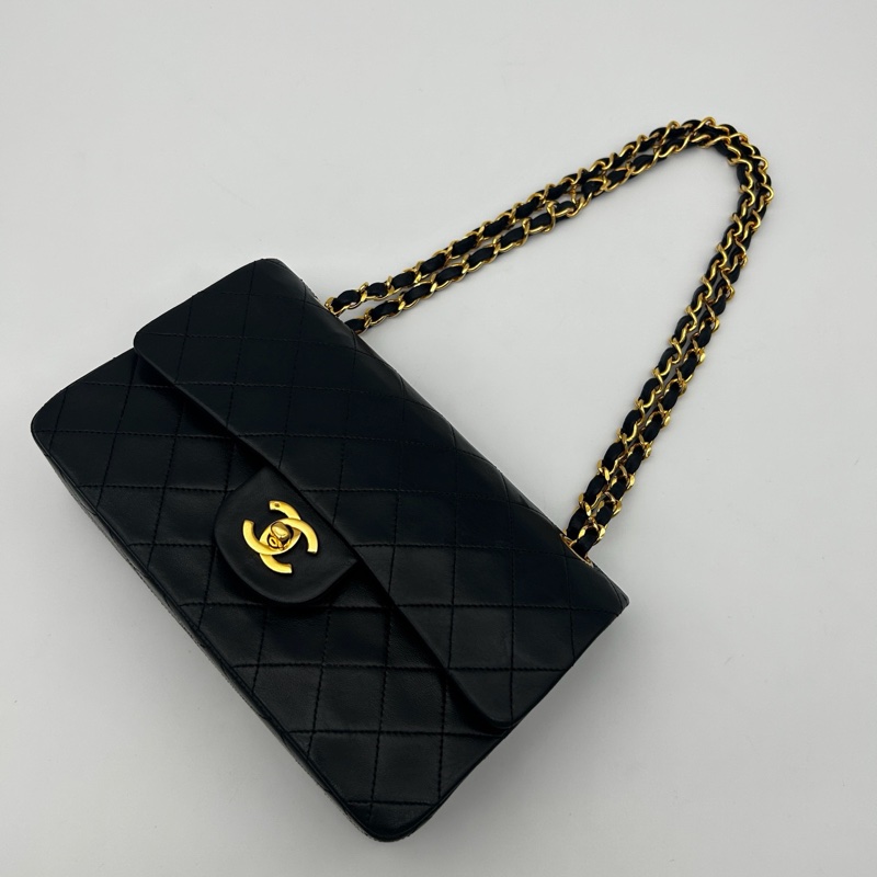「JL精品代購」 香奈兒中古黑金雙蓋羊皮經典菱格cf23-4