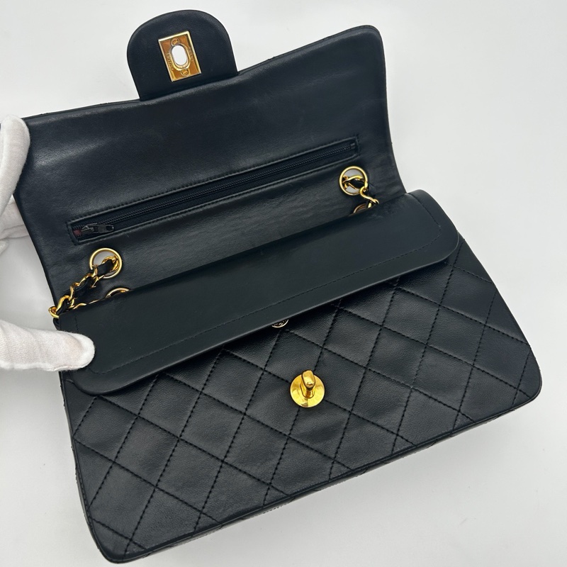 「JL精品代購」 香奈兒中古黑金雙蓋羊皮經典菱格cf23-5