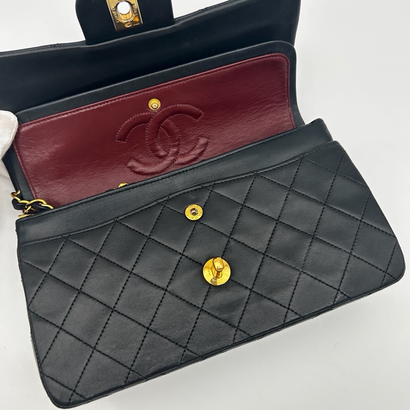 「JL精品代購」 香奈兒中古黑金雙蓋羊皮經典菱格cf23-6