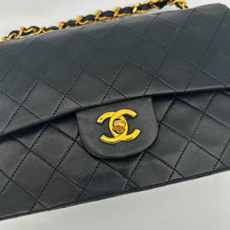 「JL精品代購」 香奈兒中古黑金雙蓋羊皮經典菱格cf23-7