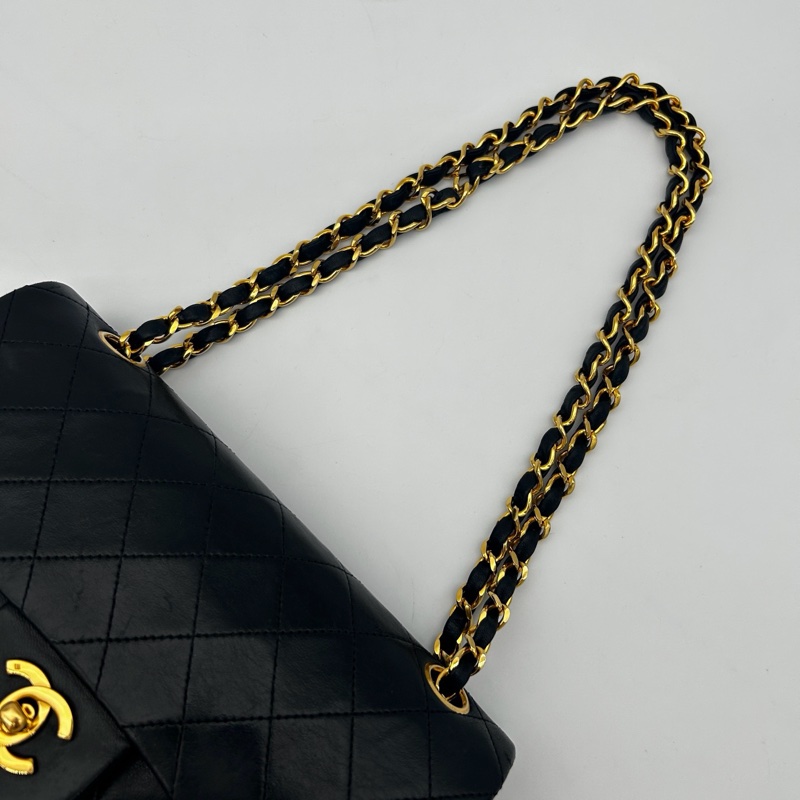 「JL精品代購」 香奈兒中古黑金雙蓋羊皮經典菱格cf23-8