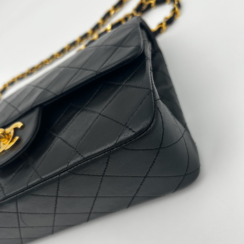 「JL精品代購」 香奈兒中古黑金雙蓋羊皮經典菱格cf23-14