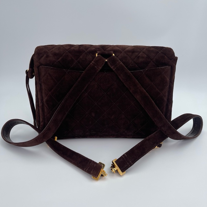 「JL精品代購」香奈兒金棕麂皮貝嫂大logo雙肩包-3