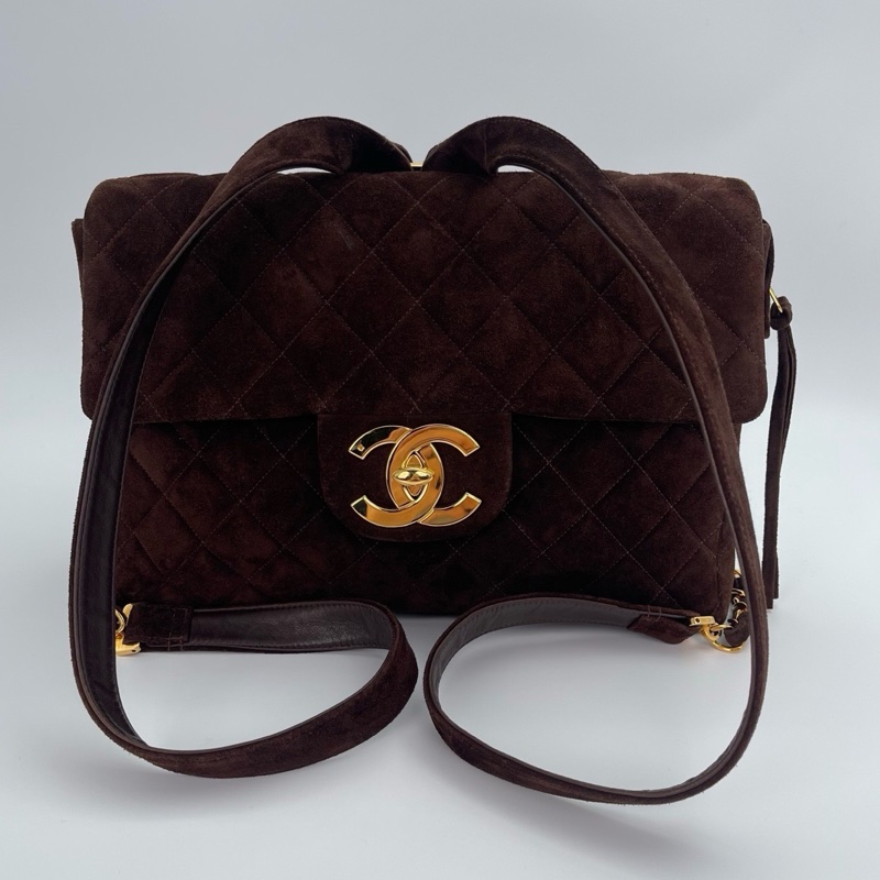 「JL精品代購」香奈兒金棕麂皮貝嫂大logo雙肩包-4