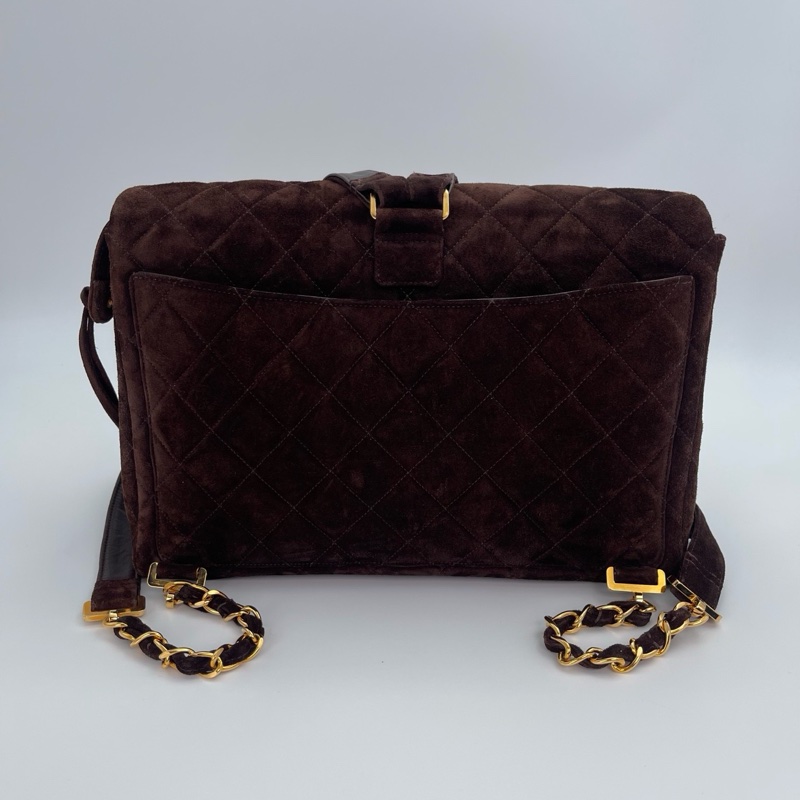 「JL精品代購」香奈兒金棕麂皮貝嫂大logo雙肩包-5