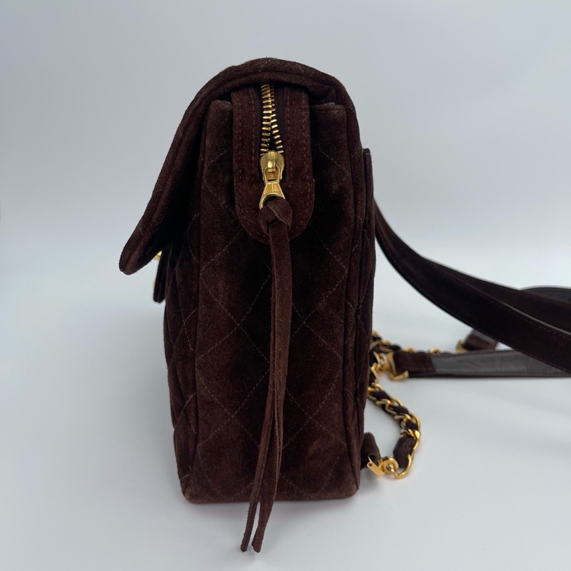 「JL精品代購」香奈兒金棕麂皮貝嫂大logo雙肩包-6