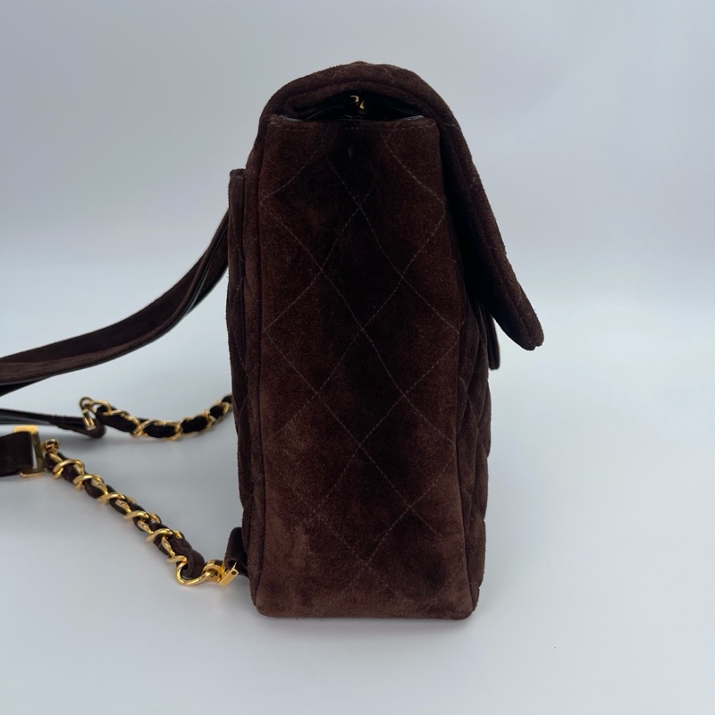 「JL精品代購」香奈兒金棕麂皮貝嫂大logo雙肩包-7