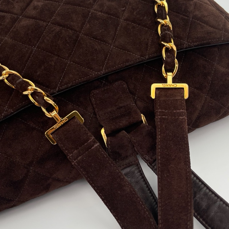 「JL精品代購」香奈兒金棕麂皮貝嫂大logo雙肩包-12