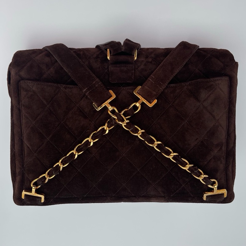 「JL精品代購」香奈兒金棕麂皮貝嫂大logo雙肩包-14