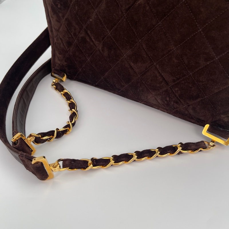 「JL精品代購」香奈兒金棕麂皮貝嫂大logo雙肩包-17