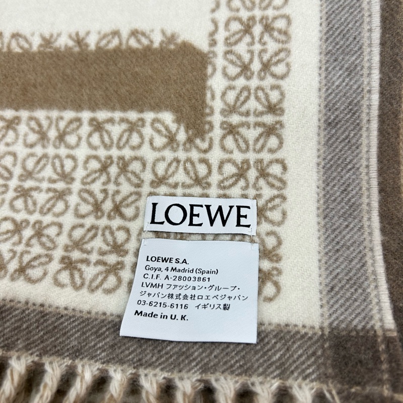 全新 loewe 附購證 雙面羊毛混羊絨圍巾 經典滿版 1ogo 老花 雙面奶茶配色 圍巾-2