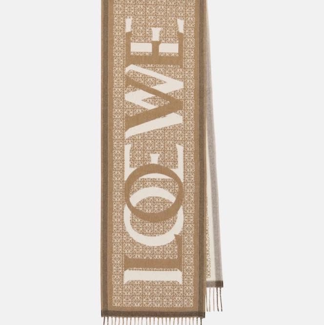 全新 loewe 附購證 雙面羊毛混羊絨圍巾 經典滿版 1ogo 老花 雙面奶茶配色 圍巾-5